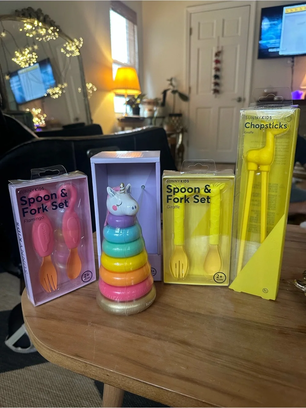 Sunny Kids Yellow gift set unicorn stacker, giraffe flamingo utensils chopsticks